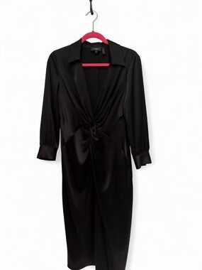 Theory Black Satin Knot-Front Midi Robe Dress